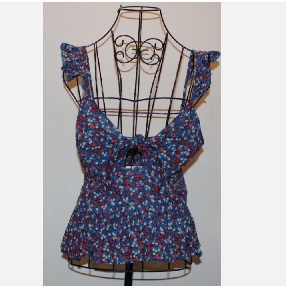 Floral Peasant Top NWT M Patrons of Peace Shirt Blue Sleeveless Sun Blouse
